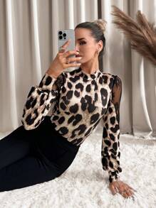 SHEIN Clasi Plus Size Women Leopard Print Splice Stand Collar Long Sleeve Bodysuit, Fashion For Autumn