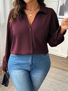 Vionelle Blusa suelta de mujer de talla grande con cuello de camisa y hombros caídos, de unicolor, para primavera y otoño