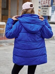 GENKIRA 女士亮色宽松连帽中长抽绳设计经典时尚秋冬服装加垫保暖聚酯纤维合成保暖冬季外套冬季夹克外套 - 藍色 - 查看 2