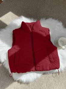 Comfortcana Winter Zip Up Double Face Snap Button Corduroy Drawstring Vest Coat - Red - View 3