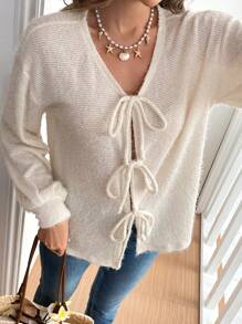 SHEIN Frenchy Women's Solid Color V-Neck Tie Front Long Sleeve Top, Autumn/Winter, Ladies' Oversized Solid Color Knotted Open Front Top, Commute, Minimalist, Office Wear, Old Money, Simple, Women's Tie Front Belt Solid Color Top, Can Be Worn Over A T-Shirt, Oversized Cute Top, We Recommend Buying One Size Smaller! Super Warm And Soft!