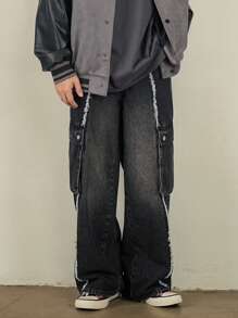 DAZY Jeans cargo holgados con bolsillo con solapa de borde crudo, estilo urbano, para otoño