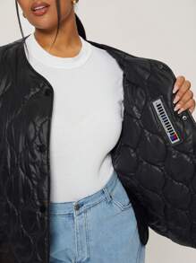 SHEIN BASICS Plus Size Solid Color V-Neck Long Sleeve Loose Padded Coat - Black - View 15