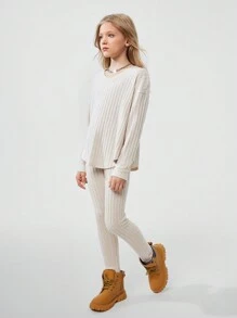 SHEIN 两件套青少年女孩秋冬日常穿着保暖罗纹针织弹力米色宽松 V 领上衣和打底裤/紧身裤感恩节 - 杏色 - 查看 5