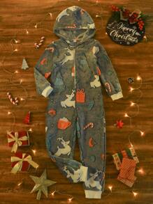 Bộ đồ liền thân dài tay in họa tiết Giáng sinh đơn giản màu xanh xám cho bé trai, thoải mái và ấm áp, mặc ở nhà - Nhiều màu - Xem 1