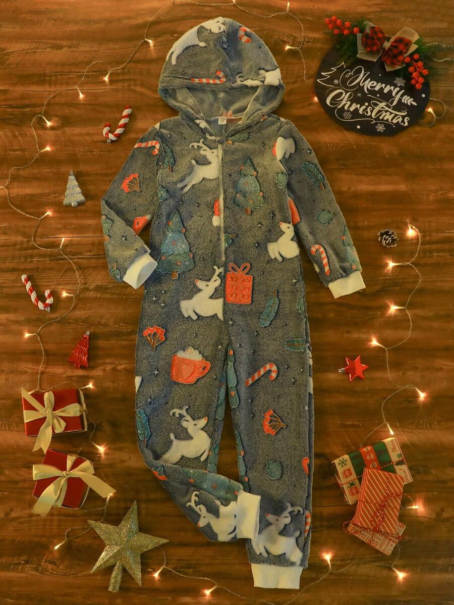 Bộ đồ liền thân dài tay in họa tiết Giáng sinh đơn giản màu xanh xám cho bé trai, thoải mái và ấm áp, mặc ở nhà - Nhiều màu - Xem 1