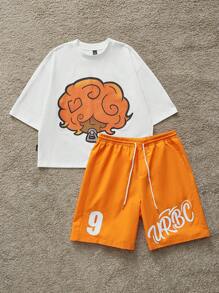 Manfinity VCAY Set de 2 piezas compuesto por una camiseta de manga corta con gráfico casual y hombros caídos, y un short de cintura elástica para hombre