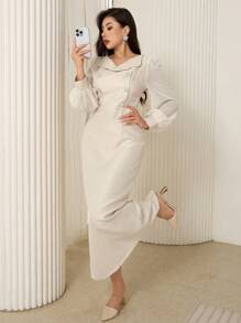 Modelyn 女士纯色拼接前扣长袖休闲连衣裙长款女士装长款晚礼服 - 杏色 - 查看 4