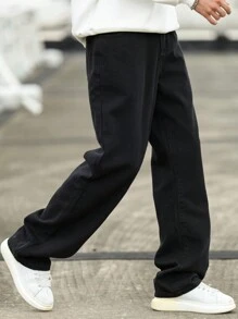 Manfinity Homme Jeans rectos y sueltos de unicolor y versátiles para hombre - Negro - Ver 7