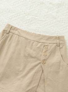 SHEIN VCAY Casual Solid Color Woven High Waisted Skort For Women - Khaki - View 4