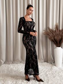 Lavishia 女式全蕾丝长袖修身圆领连衣裙，优雅黑色，适合秋冬季日常、外出、聚会、约会等场合 - 黑色 - 查看 5
