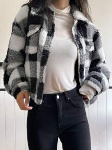 DAZY Plaid Fleece Loose Casual Short Jacket For Women, Autumn/Winter