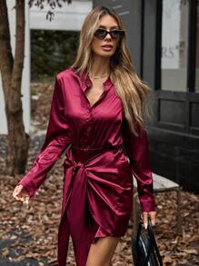 Aveloria 法式复古时尚百搭系带腰修身衬衫裙 - 酒紅色 - 查看 1