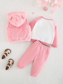 SHEIN Bộ 3 áo khoác trùm đầu họa tiết mèo hồng dễ thương cho bé gái, áo nỉ và quần họa tiết hoạt hình nhiều màu, nhung ấm áp, mùa thu/đông - Hồng - Xem 2
