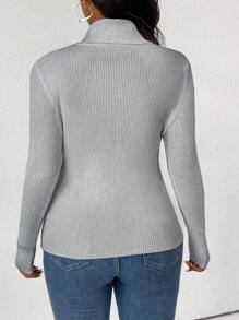 SHEIN LUNE 大码纯色高领休闲套头长袖毛衣，适合冬季秋季穿着。 - 灰色 - 查看 2