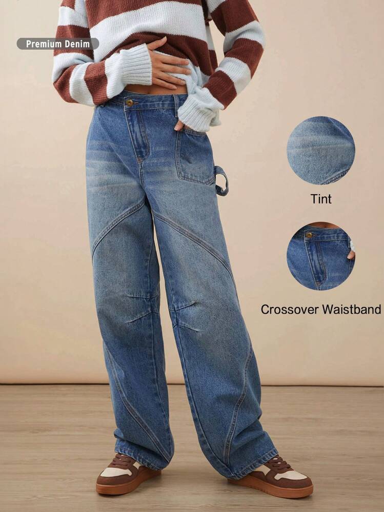 WESTFADE Pantalones vaqueros sueltos de carpintero de denim de alta calidad, 91% algodón - Azul lavado oscuro - Añade 8