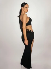 SHEIN ICON Váy hở lưng gợi cảm có chi tiết lỗ xỏ dây màu bạc, xẻ tà cao, tôn dáng - màu đen - Xem 2