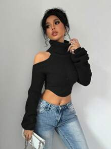 Rafferiza Suéter de punto versátil con hombros descubiertos y cuello alto, blusa de manga larga de punto para otoño e invierno - Negro - Ver 5