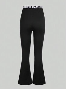 Teen Girl Flared Black Casual Leggings With Love Jacquard Elastic Waistband, Versatile Bottoms - Black - View 2