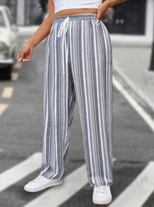 SHEIN LUNE Quần ống côn kẻ sọc thắt eo cỡ lớn cho nữ thường ngày - Đen và trắng - Xem 5