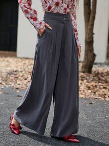Femmeiva 1pc Women Ed Mid-Waist Pleated Pants, Versatile Business Casual Fall Cloth For Women - Dark Grey - View 1
