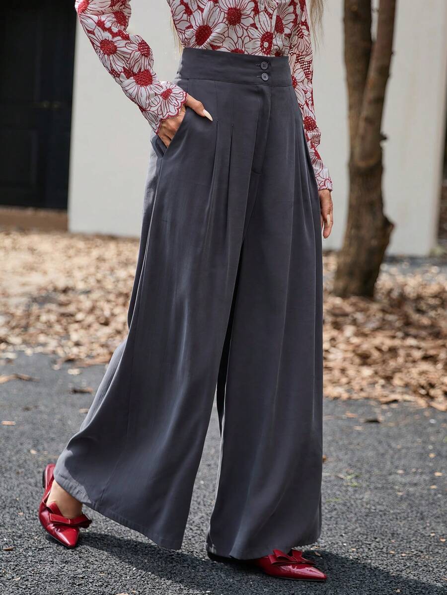 Femmeiva 1pc Women Ed Mid-Waist Pleated Pants, Versatile Business Casual Fall Cloth For Women - Dark Grey - View 1