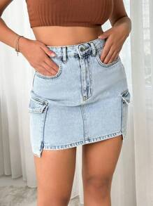 Summer Casual High Waisted Cargo Pocket Denim Skirt - Medium Wash - View 5