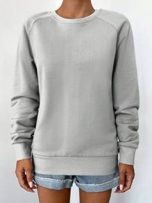 SHEIN Cottnline Women'S Solid Color Raglan Sleeve Sweatshirt - Grey - View 3