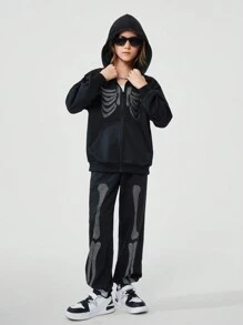 SHEIN Tween Girl Halloween Warm Thick Fall Rhinestone Skeleton Pattern Hooded Jacket & Pants Clothes , Autumn/Winter Outfit - Black - View 4