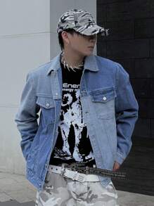 Manfinity EMRG 男式街头风格撞色单排扣口袋牛仔夹克 - 藍色 - 查看 5