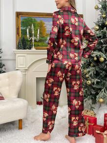 圣诞熊格子图案缎面女士睡衣套装，秋冬服装 - 彩色 - 查看 2