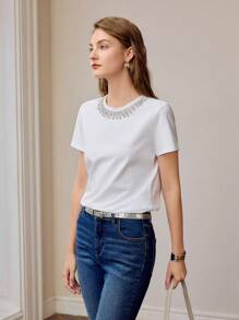 MOTF PREMIUM RHINESTONE DETAIL SHORT SLEEVE TEE - White - View 4