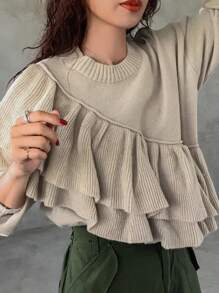 FRIFUL 女士休闲纯色多层荷叶边宽松超大毛衣、长袖上衣、秋装 - 灰色 - 查看 2