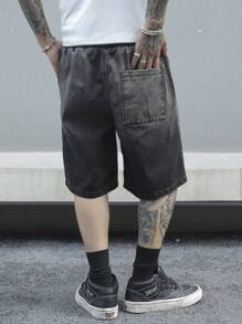 Manfinity EMRG 男式字母与五角星印花抽绳腰袋休闲牛仔短裤 - 黑色 - 查看 2
