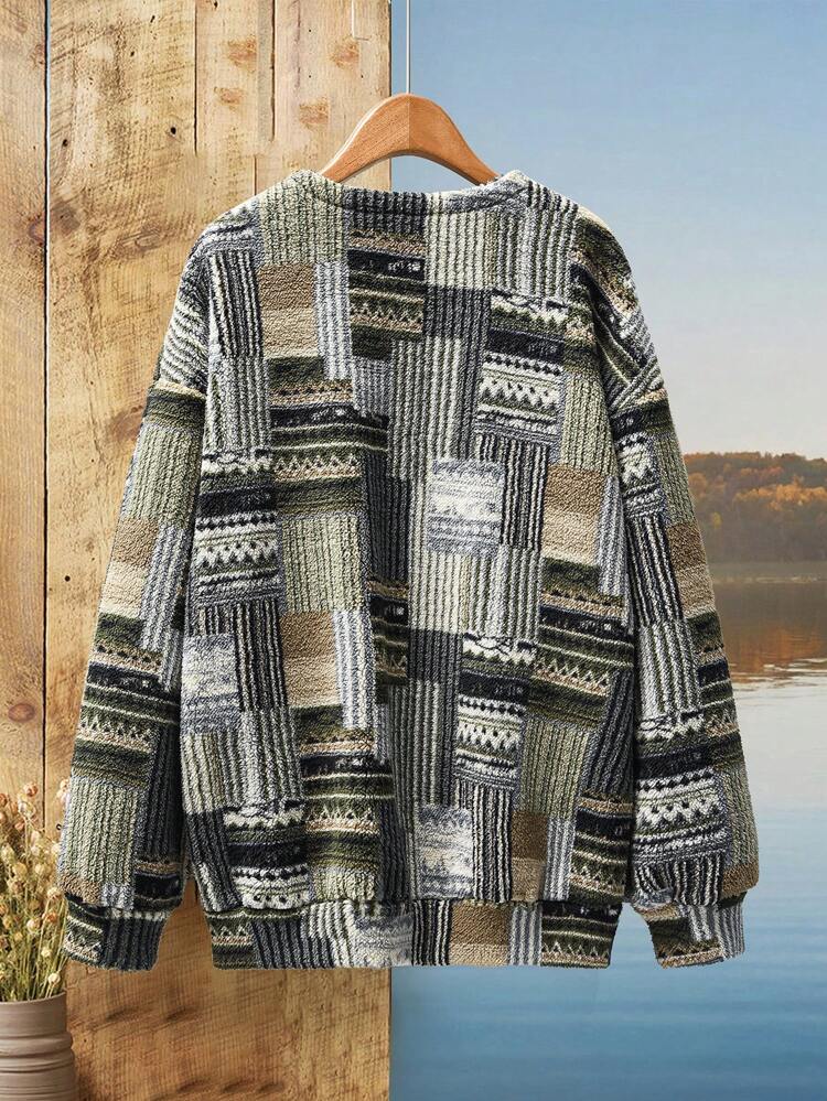 Women's Striped Geometric Pattern Dropped Shoulder Long Sleeve Fleece Casual Sweatshirt, Autumn/Winter