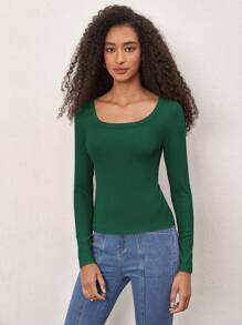 SHEIN BASICS Áo cánh cotton dài tay cổ tròn màu trơn cho nữ, thoải mái, sang trọng, năm mới - màu xanh lá - Xem 5