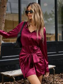 Aveloria 法式复古时尚百搭系带腰修身衬衫裙 - 酒紅色 - 查看 5