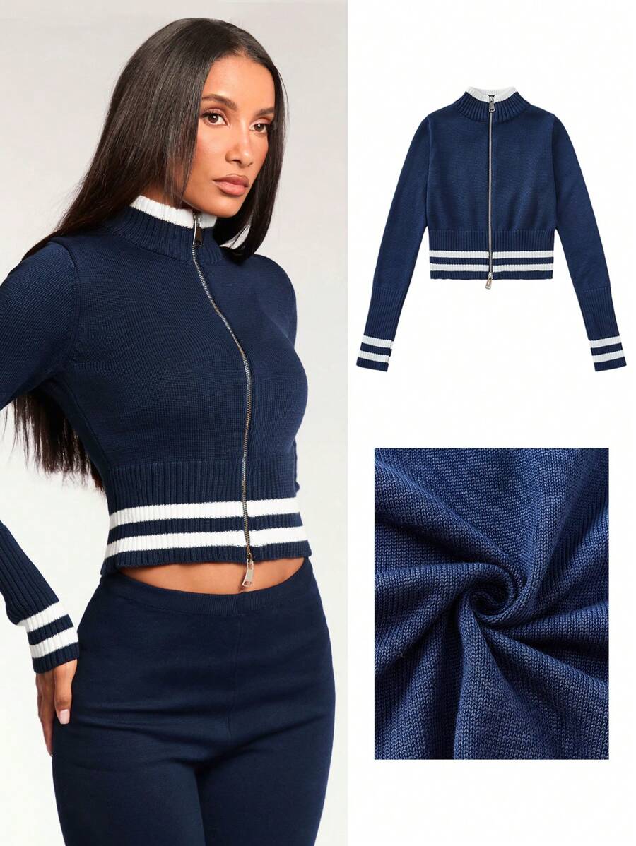 Forever 21 女士纯色拼布前拉链长袖简约衬衫、休闲日常穿着、长袖上衣 - 藍色 - 查看 1