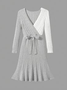 秋冬毛衣裙少女欧美风V领褶皱A字拼色粗纱修身连衣裙度假风配腰带适合派对街头聚会年轻女士 - 彩色 - 查看 7