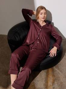 LUVLETTE Weihnachts- und Neujahrspyjamas Herbst und Winter Rot & Burgund Grundlegende Satin Einfarbig Knopf-Oben Pyjama & Loungewear Sets für Frauen Pyjama Sets für Frauen Herbst Pyjamas Kleidung