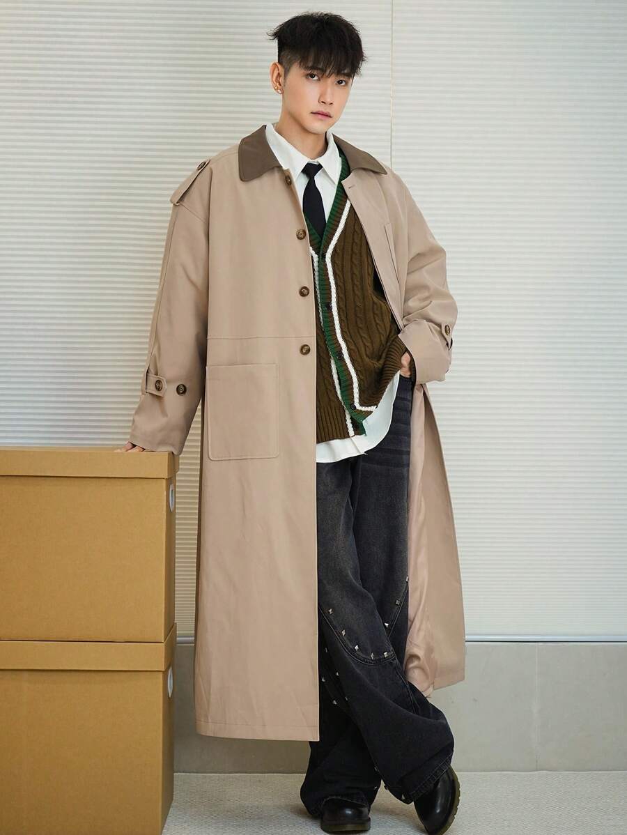 DAZY Men's Solid Color Patchwork Front Button Long Sleeve Casual Long Trench Coat For Autumn - Khaki - View 1
