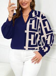 SHEIN Clasi Plus Size Casual Greek Fret Print Keyhole Neck Lantern Sleeve Blouse, Suitable For Spring & Autumn - Navy Blue - View 3