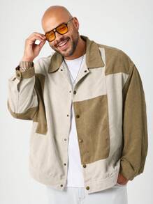 Manfinity VCAY Chaqueta casual de manga larga con empalme tejido para hombres de talla grande, para otoño e invierno - Caqui - Ver 5
