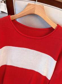 SHEIN LUNE Plus Size Women Striped Patchwork Fluffy Knit Sweater Knit Pullover Fall Winter - Red - View 4