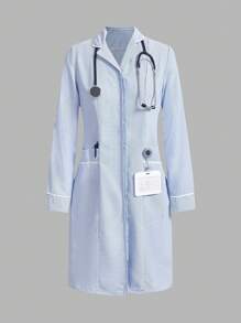 TaskEZ Nurse Simple Striped Double Pocket Front Button Long Sleeve Dress
