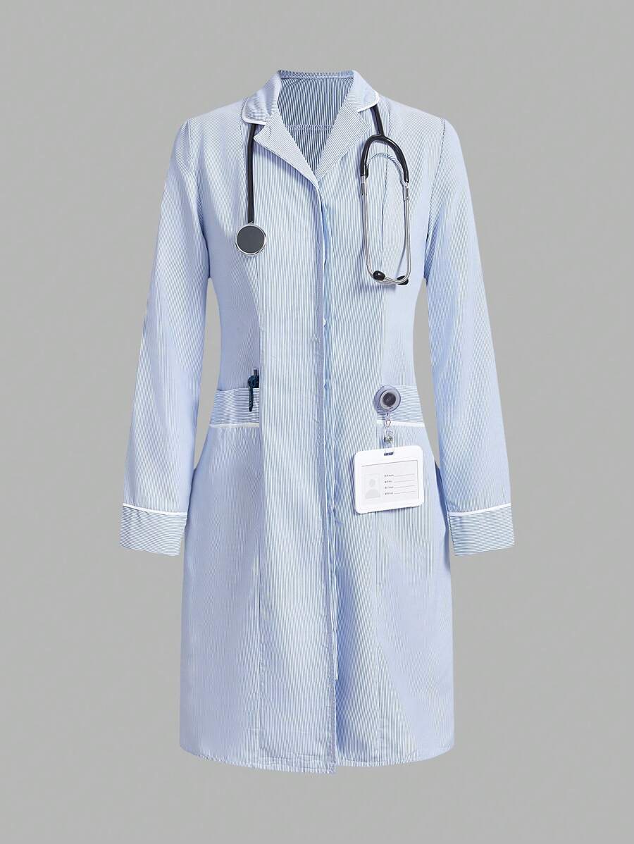 TaskEZ Nurse Simple Striped Double Pocket Front Button Long Sleeve Dress
