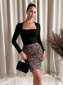 SHEIN Clasi Chân váy quấn chéo họa tiết da báo cho nữ, thanh lịch - Màu nâu  Mocha - Xem 7
