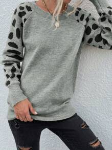 EMERY ROSE Casual Mixed Polka Dot Pattern Raglan Sleeve Knit Sweater For Autumn/Winter Knit Pullover Fall Outfit - Grey - View 6