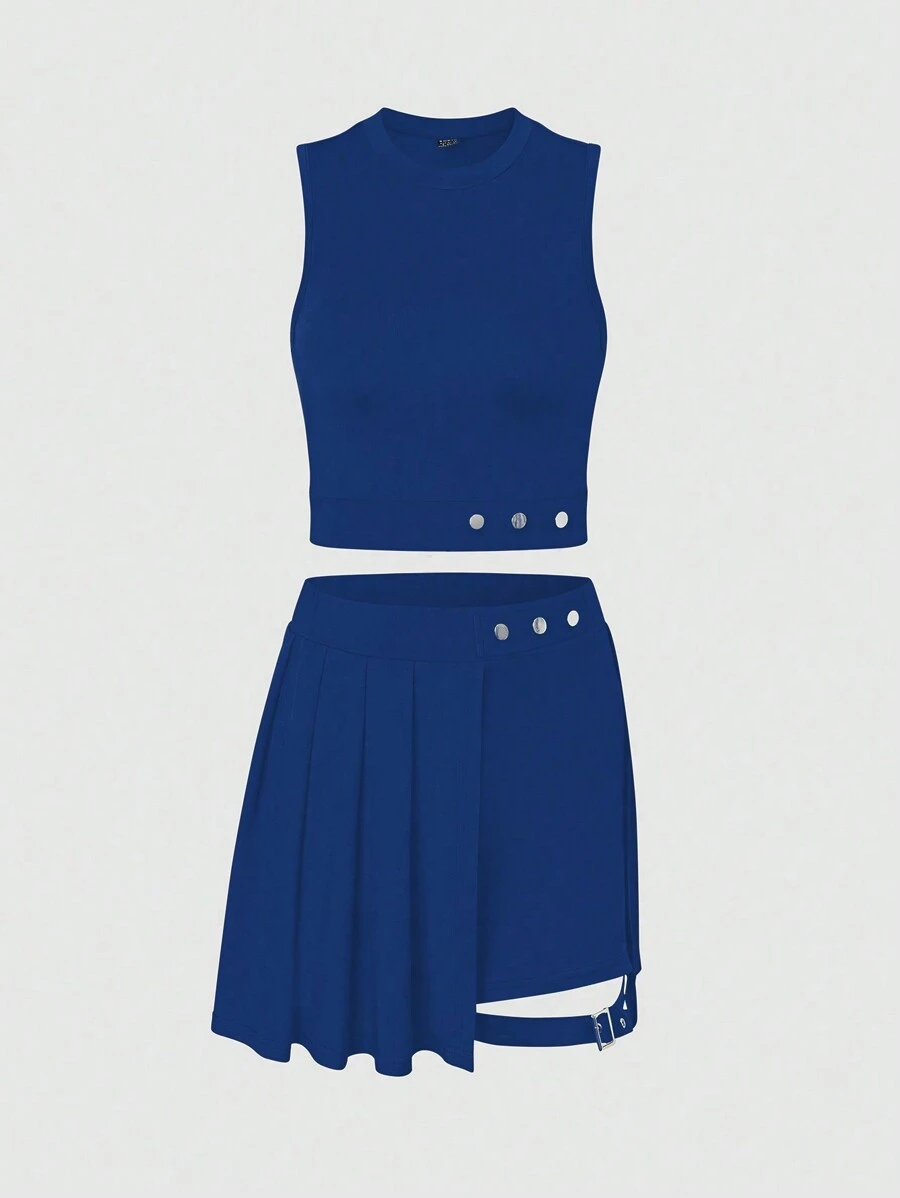 Zolique 2pcs Women's Solid Color Stand Collar Cropped Tank Top And Asymmetrical Hem Midi Skirt Set, Summer - Blue - View 1