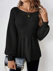 女式简约长袖束腰套头衫 - 黑色 - 查看 3